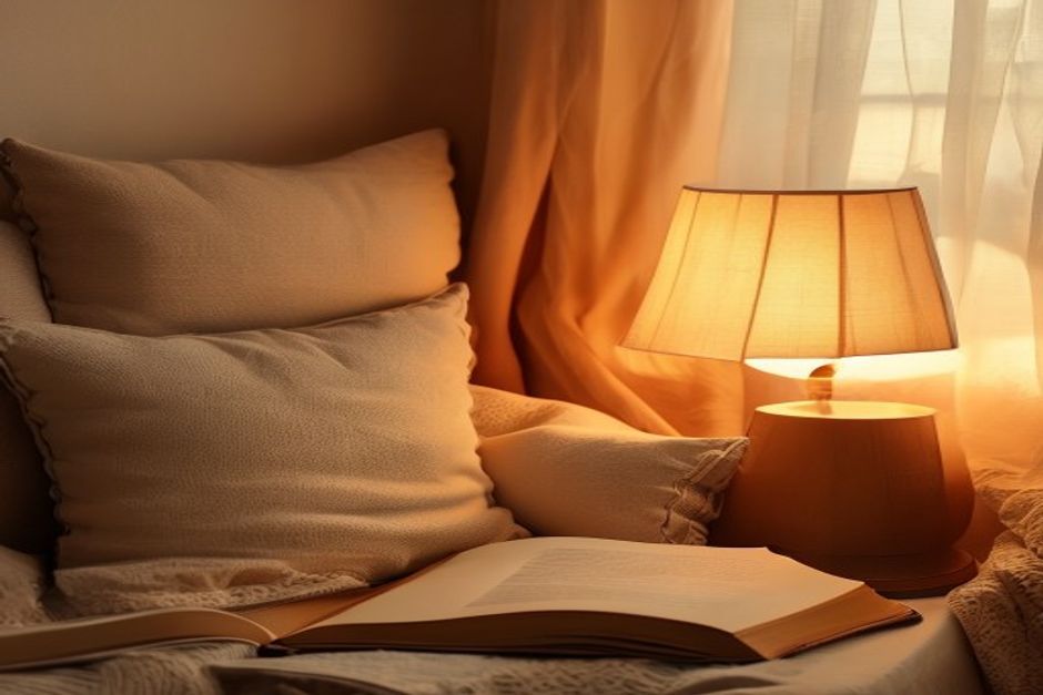 Wind-down space Cozy corner with soft lighting, cushion, and open book at dusk