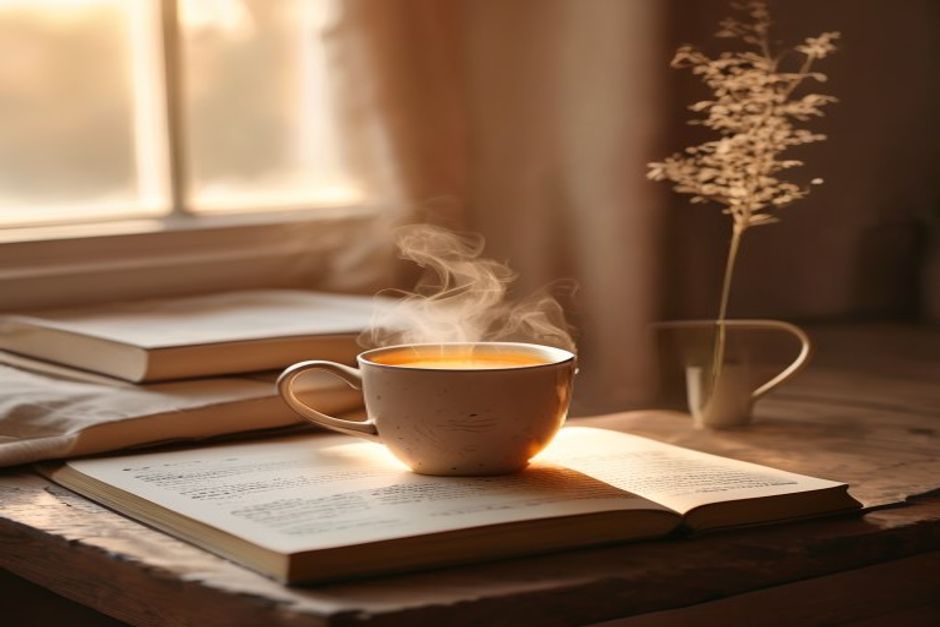 Evening routine setup Evening tea and journal on wooden bedside table near window
