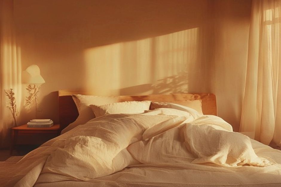 Calm sleep environment Serene bedroom at dusk with warm amber lighting and soft textures